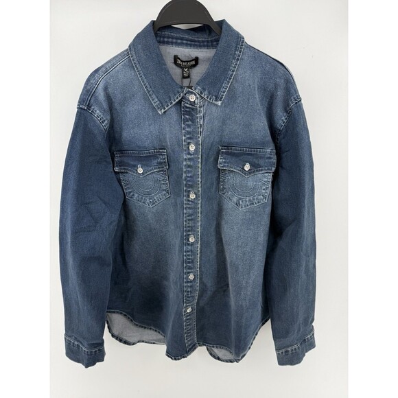True Religion Georgia Denim Glitter Shirt XL Dark Wash Button Up - Picture 2 of 4